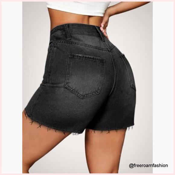 High Waisted Stretchy Denim Shorts Ripped Frayed Hem Casual Summer Jorts - Picture 3 of 7